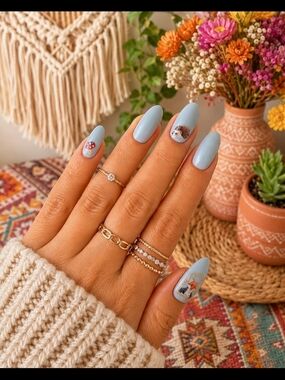 4/$15 Baby Blue Almond Nail Set Cute Accents Reusable Press Nails w/ Stickers
